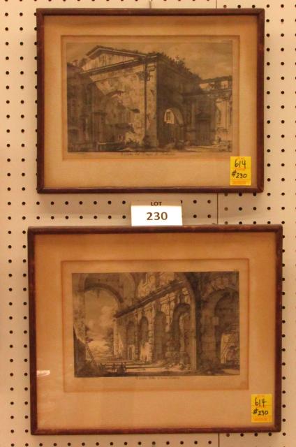 Two framed/matted copper etchings by Jacob Friedrich: Two framed/matted copper etchings by Jacob Friedrich after Giovanni Battista Piranesi. Both depict Roman ruins. One is entitled "Vedua del Tempio Bellona", measures 15.75" x 12.5"; and the other is en