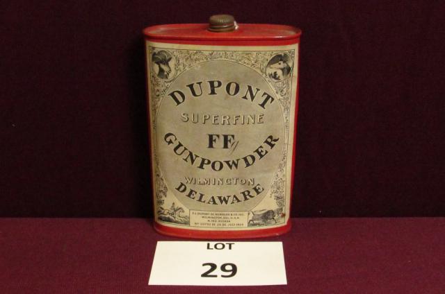 Early red DuPont gunpowder container. Marked "Superfine: Early red DuPont gunpowder container. Marked "Superfine FFg gunpowder, Wilmington DE". 6" h x 4" w (has several dents) **Disclaimer**: Given COVID-19 restrictions and the influx of replicas on the mar