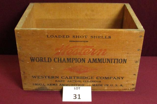 Wooden ammunition crate "Western, World Champion: Wooden ammunition crate "Western, World Champion Ammunition, Loaded Shot Shells, Western Cartridge Co., East Alton Illinois Small Arms Ammunition. Made in USA" **Disclaimer**: Given COVID-19 restricti
