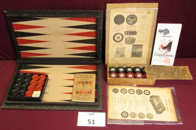 Lot of three board game related pieces decorated with: Lot of three board game related pieces decorated with swastikas. 1. a complete vintage set of backgammon including pieces, dice, and instruction booklet. Note: hinge of box is beginning to separate. 2