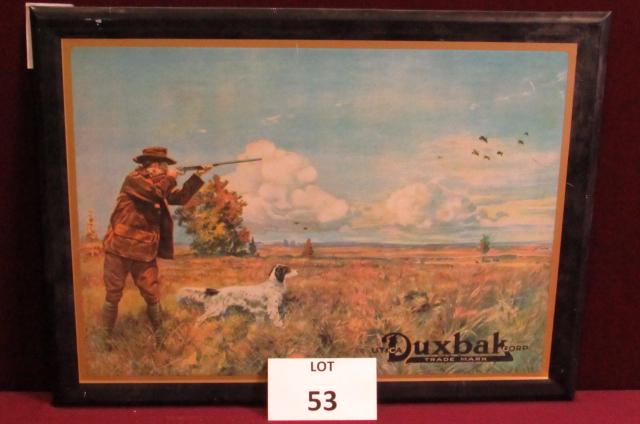 Tin "Utica Corp Duxbak" duck hunting sign: Tin "Utica Corp Duxbak" duck hunting sign. Measures approximately 17" x 13" **Disclaimer**: Given COVID-19 restrictions and the influx of replicas on the market, we are unable to authenticate some of 