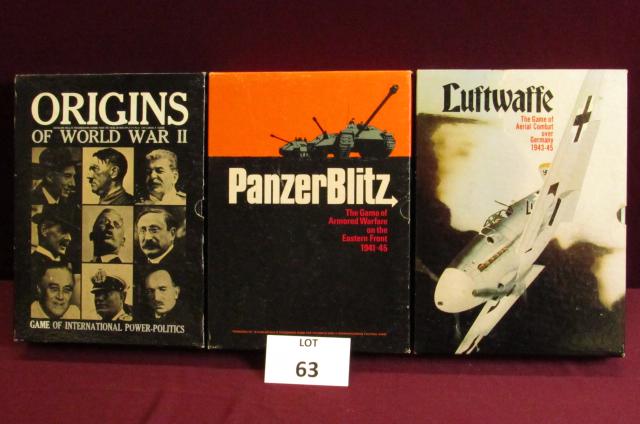 Lot of three vintage military tactical bookcase games: Lot of three vintage military tactical bookcase games from Avalon Hill Co. Baltimore, MD. 1. Lftwaffe 2. Panzer Blitz 3. Origins of WWII. All games appear complete **Disclaimer**: Given COVID-19 restr