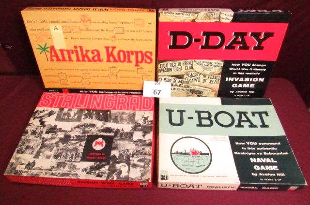 Lot of four vintage WWII military tactical games from: Lot of four vintage WWII military tactical games from Avalon Hill Co, Baltimore, MD. 1. Stalingrad 2. U-Boat 3. Afrika Korps 4. D-Day **Disclaimer**: Given COVID-19 restrictions and the influx of repl