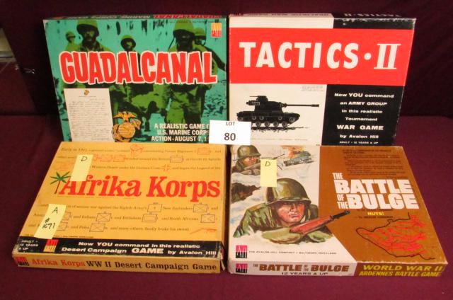 Lot of four vintage WWII military tactical games by: Lot of four vintage WWII military tactical games by Avalon Hill Co. Baltimore, MD. 1. Guadalcanal 2. Tactics II 3. AfrikaKorps 4. Battle of the Bulge. All games appear complete **Disclaimer**: Given C