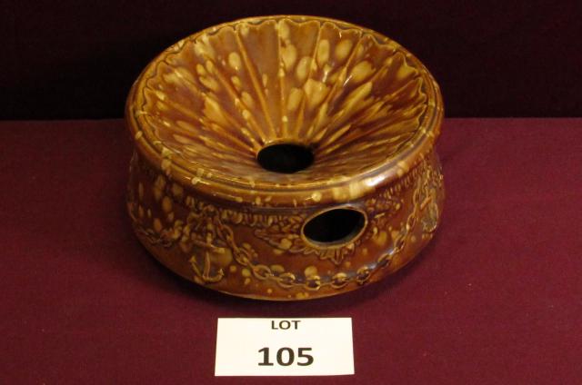 Early spittoon with Bennington Glaze and anchor/chair: Early spittoon with Bennington Glaze and anchor/chair decoration **Disclaimer**: Given COVID-19 restrictions and the influx of replicas on the market, we are unable to authenticate some of the German 