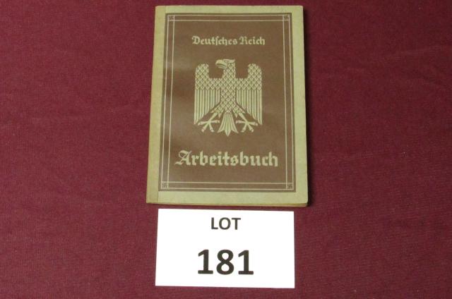 Third Reich WWII-era German employment record book.: Third Reich WWII-era German employment record book. Measures approximately 4-1/2" x 5-3/4" **Disclaimer**: Given COVID-19 restrictions and the influx of replicas on the market, we are unable to authen