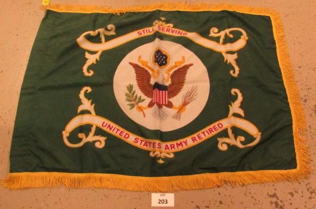 Flag "Still Serving. U.S. Army Retired" measures 4' x: Flag "Still Serving. U.S. Army Retired" measures 4' x 3'. Nylon with fringed edges. Made in the USA **Disclaimer**: Given COVID-19 restrictions and the influx of replicas on the market, we are unable 
