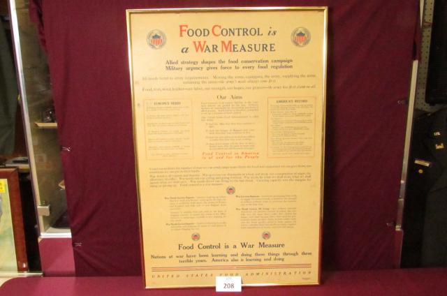 WWII-era US Poster "Food Control is a War Measure": WWII-era US Poster "Food Control is a War Measure" framed. Measures approximately 25" x 38-1/2" **Disclaimer**: Given COVID-19 restrictions and the influx of replicas on the market, we are unable to a