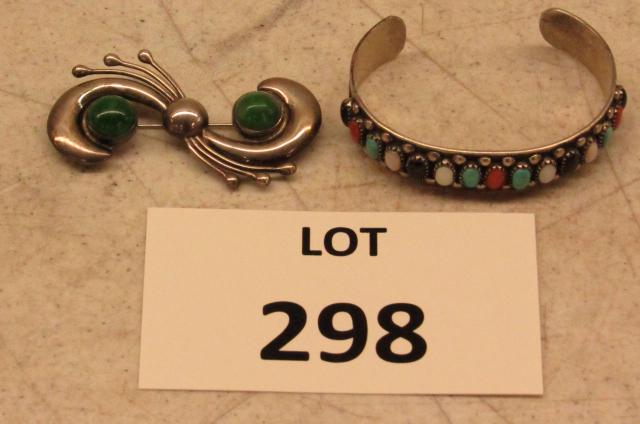 Silver Lot: Silver bracelet with turquoise, black onyx, MOP and coral signed F W and a malachite pin