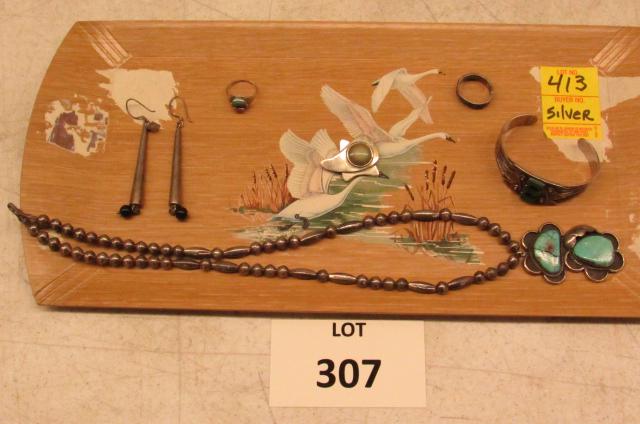 Silver Lot: Native American cuff bracelet, turquoise chain, earrings, pin and rings