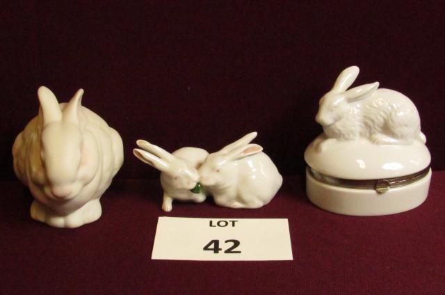 Rabbit figurines: Lot of 3. White with pink eyes by Cybis, pair of rabbits by Royal Copenhagen, lidded/hinged jewel box with rabbit. Tallest is 3 1/2"