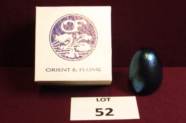 Orient & Flume Egg: Boxed, signed Orient & Flume blue art glass egg 2 5/8" x 1 3/4"