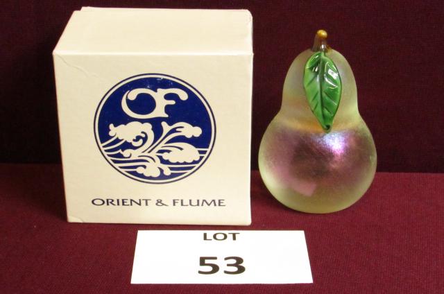 Orient & Flume Pear: Boxed, signed Orient & Flume art glass pear. 3 3/4" x 2 1/2"