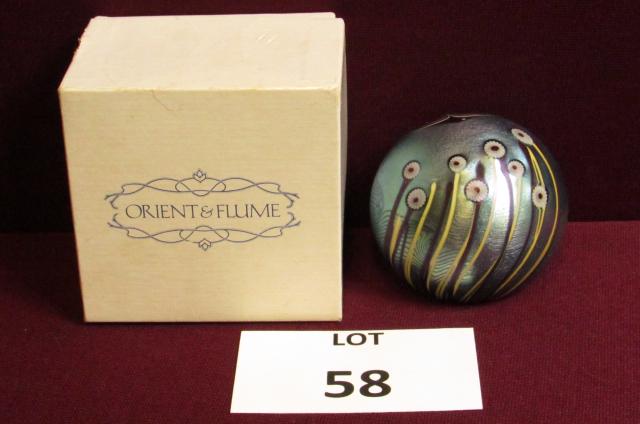 Orient & Flume paperweight: Boxed, signed Orient & Flume art glass paperweight with fish and aquatic scene 2 3/4" x 2 3/8"