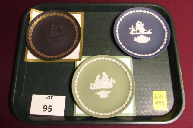 Wedgwood Plates: Lot of 3. Wedgwood Mother plates. Black basalt plate 6 1/4" diameter, 1972 white jasper on sage green plate 6 1/4" and 1975 white jasper on blue plate 6 1/4"