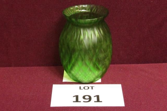 Loetz vase: loetz green art glass vase 3 1/2" tall x 2 1/2" wide