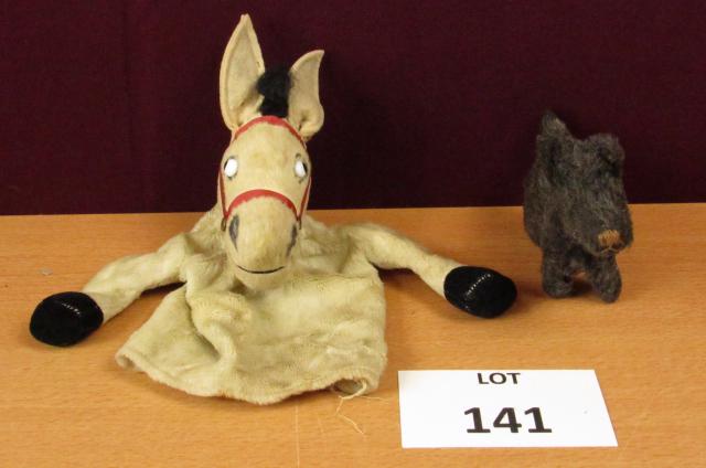 Toy dolls: Horse hand puppet with glass eyes 9" long and a small stuffed dog 6" long x 4" tall. Note - missing some hair on tail and neck