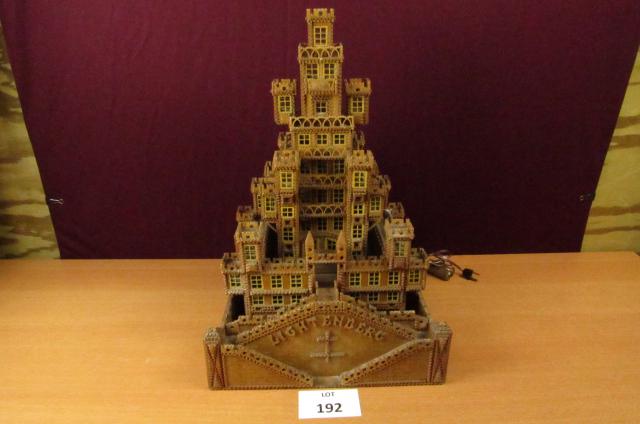 European Castle tramp art: Tramp Art style wooden European castle "Lightenberg". Electrified. Wonderful when illuminated. 14" x 14" 21 1/2"