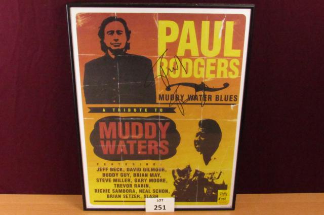 Vintage, signed, Paul Rodgers concert poster for his: Vintage, signed, Paul Rodgers concert poster for his tribute concert to Muddy Waters featuring Jeff Beck, David Gilmour, Buddy Guy, Brian may, Steve Miller, Richie Sambora, Slash, and more. Measures a