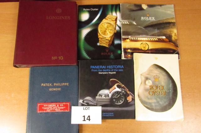 Lot of 6 Vintage Watch Related Catalogs: 1.) "Patek, Philippe Geneve" Parts Catalog2.) "Longines No 10" Parts Catalog3.) "Panerai Historia, From the Depths of the Sea, Giam-Piero Negretti" 4./5./6.) 3 Different Rolex Oyster Model Catalogs.Al