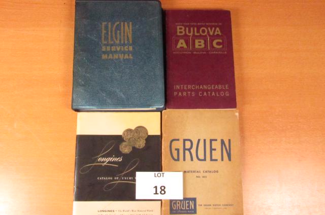 Lot of 4 Vintage Watch Catalogs: 1.) 1957 "Longines Catalog of Luxury Watches"2.) 1963 "Bulova ABC Interchangeable Parts Catalog"3.) "Gruen No 453 Material Catalog"4.) 1958 "Elgin Service Manual"