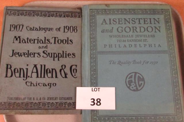 2 Antique Jewelry Catalogues: 1.) 1907-08 "Materials, Tools and Jewelers Supplies" from"Benj. Allen & Co. Chicago"Approx. size: 10.5"x8"Condition Report: Has some staining on front cover2.) Aisenstein and Gordon Wholesale Jewelers