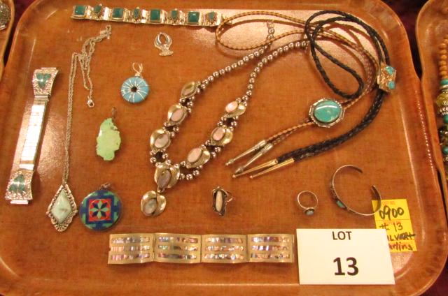 Southwestern and Asian jewelry: Squash Blossom with abalone in silver, pendants, watch band with turquoise, bolos, bracelets and rings