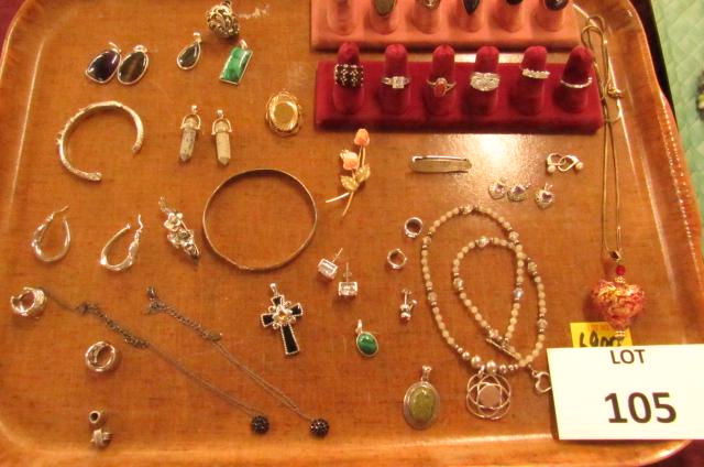 Large Gold filled and Sterling lot: 12 fancy sterling rings, pendants, polished stones, bangles, pins, cross