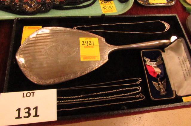Sterling lot and Boy Scout medal: Sterling chains, Sterling ladies hand mirror, sterling butter knife
