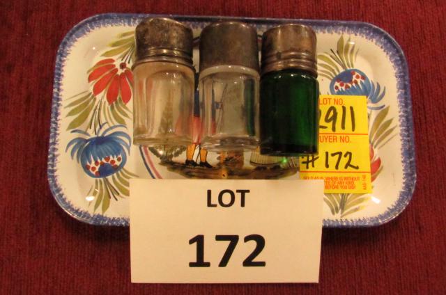 Sterling topped medicine bottles: Three sterling capped medicine bottles. One green and two clear. All have glass stoppers inside sterling caps. .7 troy ozs for all three.