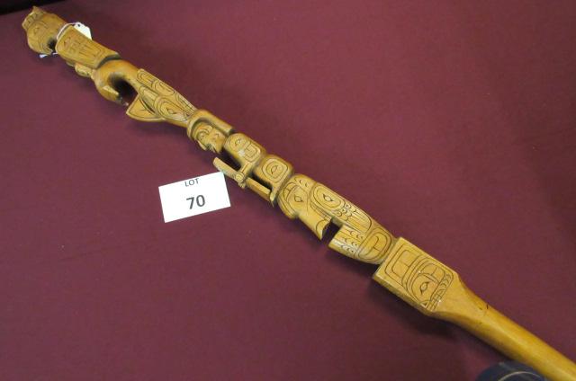 Carved indian "Speakers Staff": A well carved N.W. indian Speakers staff - 48" long with totemic figures of eagle, killer whale etc. ca. 1960