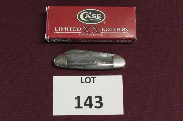 Case pocket knife new old stock: New old stock Case 2 blade, limited edition, pocket knife with gray bone handles and original box. Large blade is etched "Limited XX Edition 1 of 2500". Tang is marked 62131. 3 3/4" long closed