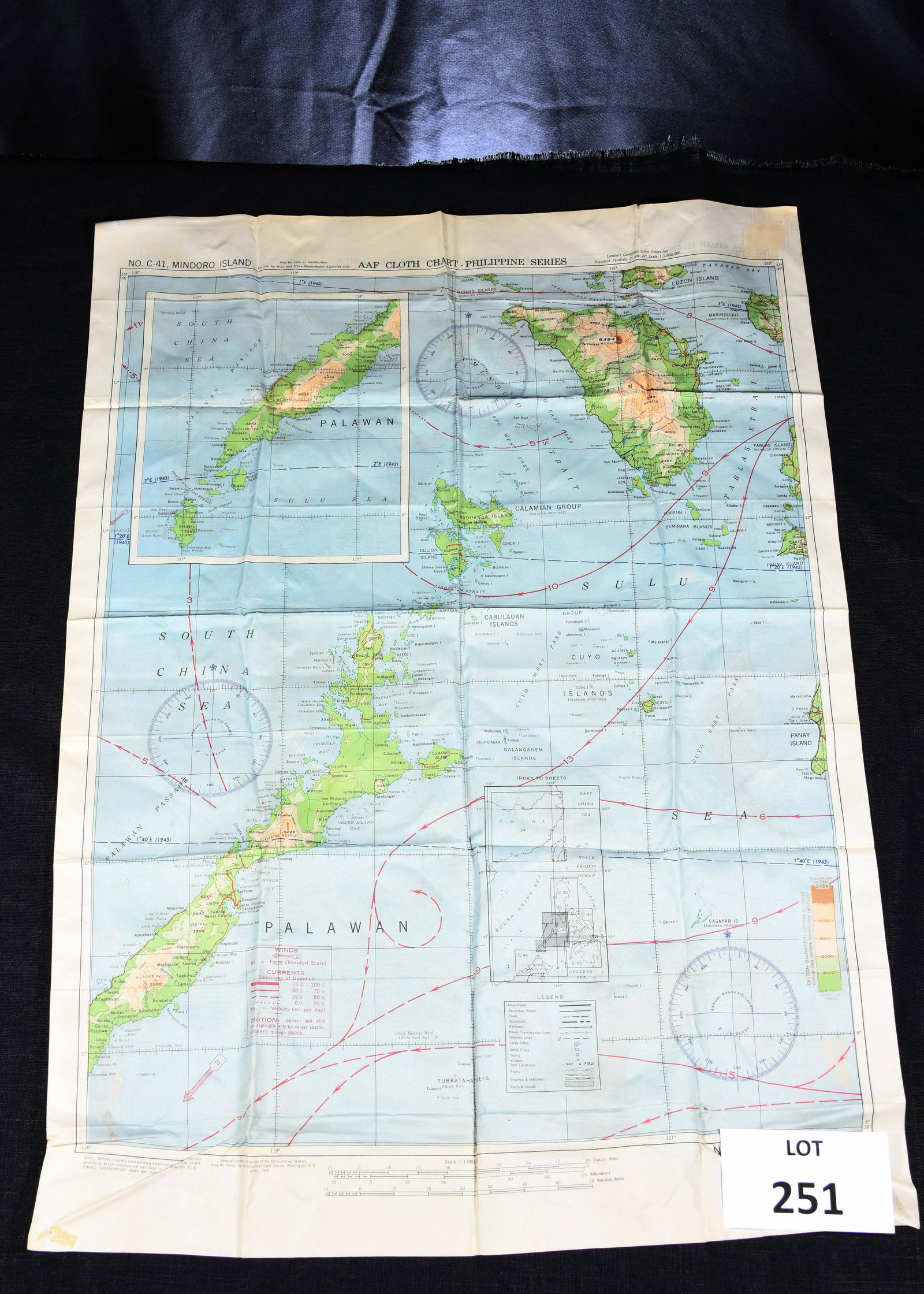 WWII AAF Cloth Escape Map, Philippine Series: An antique WWII double sided cloth escape map for US Army Airforce pilot and gunners. Maps show several of the islands included in the Pacific Theater. Includes No. C-42, Samar Island and No C-41, Min