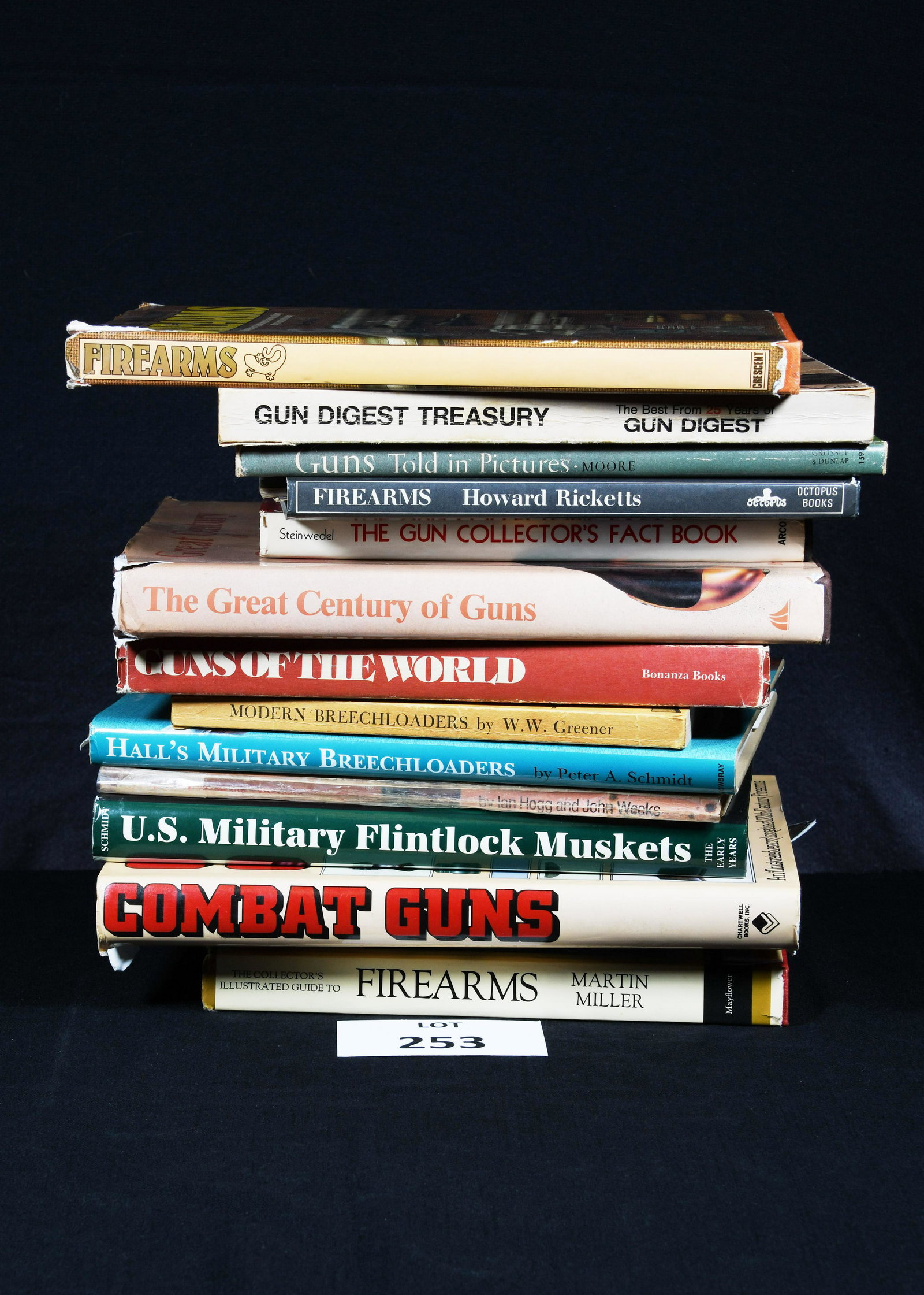 Large Variety of Gun Books: A generous grouping of 14 vintage books relating to gun collecting and history. Topics include combat guns, US Military flintlock muskets, modern breechloaders and many more. *notes- all books show we