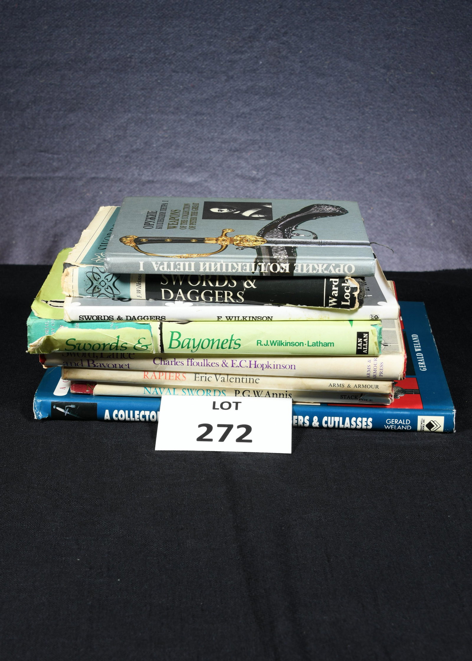Lot of Vintage Books About Swords, Daggers and Bayonets: Collection of 8 vintage books relating to collecting and history of swords, daggers, bayonets and other blade weapons. *notes- book sleeves/covers are torn and have general wear.