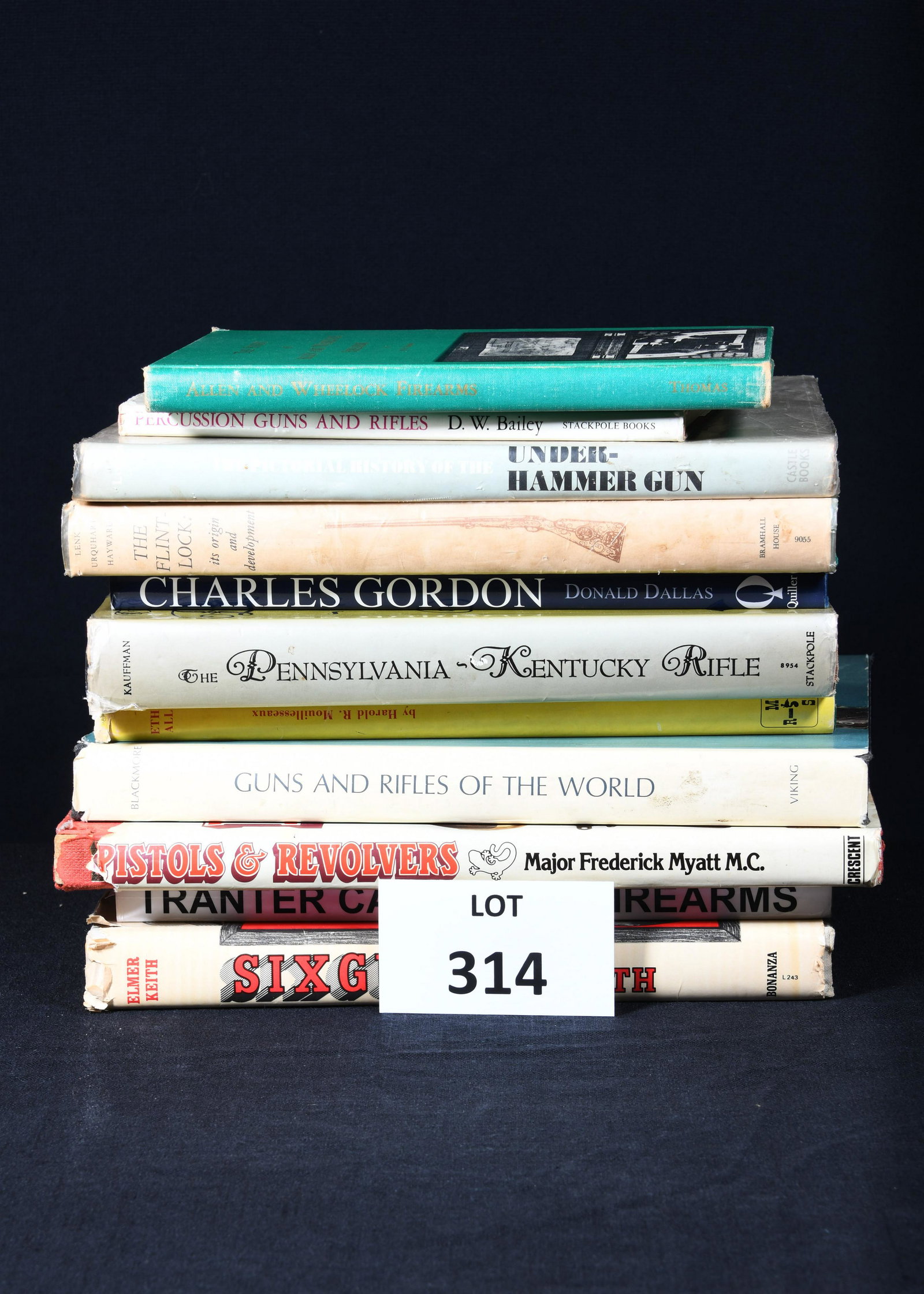 Collection of Vintage Gun Books: Lot of 11 vintage books focusing on gun collecting and gun history. Subjects include, percussion guns and rifles, tranter cartridge firearms and more. *notes- covers and sleeves show wear, typical dis