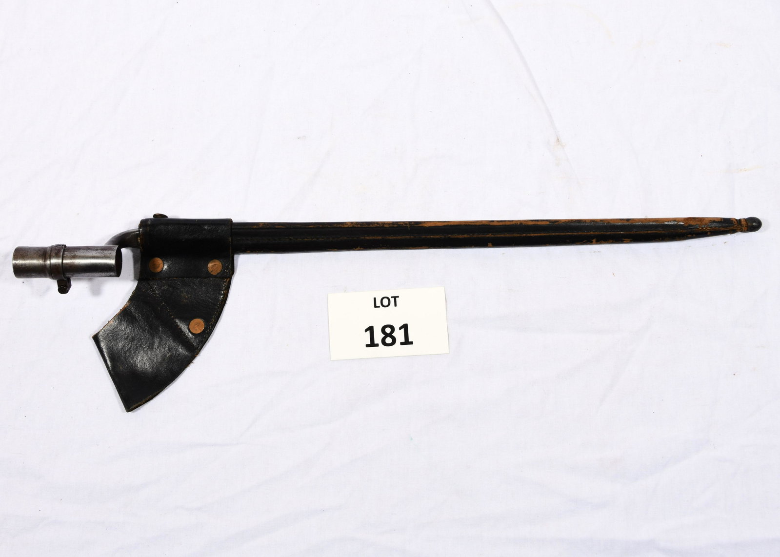 Antique Bayonet with Scabbard and Frog: An antique bayonet with black leather frog and scabbard. Total length is 22" long. The only mark on the blade is "01". *notes- wear, tarnish, scratching throughout.