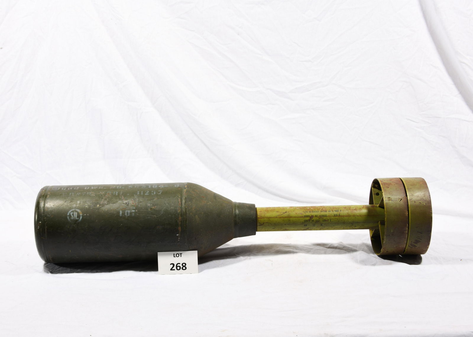 WWII US Dummy Buzz Bomb: A WWII US military dummy buzz bomb. Markings on this bomb include "2.25 in Rocket Motor MK3, Buord No 329932 Rev D, Contr No 3231 Lot 3 2, Projector Charge Head, M.K. 4 Mod 0, Buord DWG No 563184-8, C