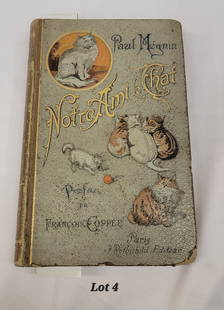 First Edition Notre Ami Le Chat by Paul Megnin With: An antique first edition hardcover original of Notre Ami Le Chat by Paul Megnin. This 264 page book includes 5 full page original etchings on pink paper under tissue guards. The Manet etching is