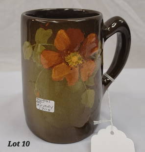 Owens Art Pottery Mug: Antique 1908 JB Owens standard glaze art pottery mug. This hand painted mug has a brown background with a burnt orange flower on the front. The back reads "Flatbush Taxpayers Nov. 19th 1908" in green