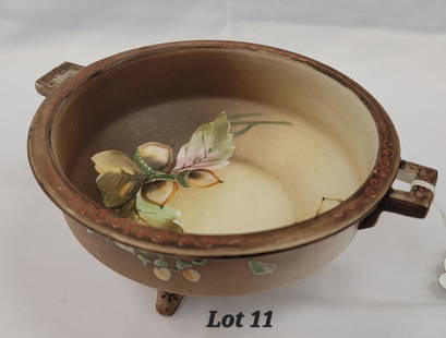 Antique Hand Painted Nippon Footed Bowl: An antique hand painted Nippon "Maple Leaf" footed bowl. This bowl has a matte finish in tones of brown with a beautifully painted group of leaves and acorns inside the bowl. This piece stands on