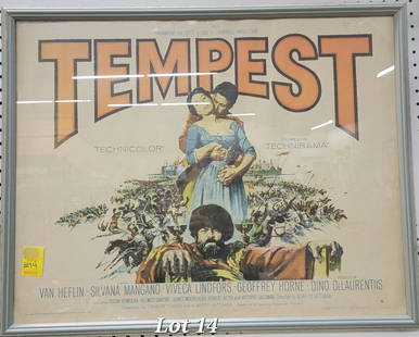 Vintage 1959 Tempest Movie Poster: A vintage 1959 Paramount Pictures Tempest movie poster presented in a light blue wooden frame. The poster is numbered 59/89. It depicts a war scene with the film's main characters at the center.