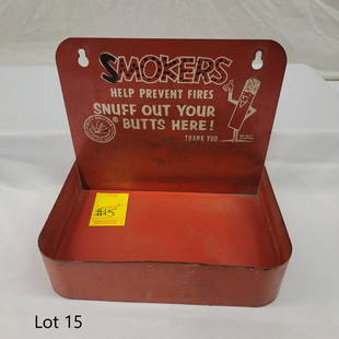 Vintage Smokers "Snuff out Your Butts Here!" Ashtray: A vintage red metal ashtray with Mr. Butt Snuffer graphic. Sign portion of the ashtray reads "Smokers Help Prevent Fires Snuff Out Your Butts Here! Thank you" Made by Kier Manufacturing in Chicago. Th