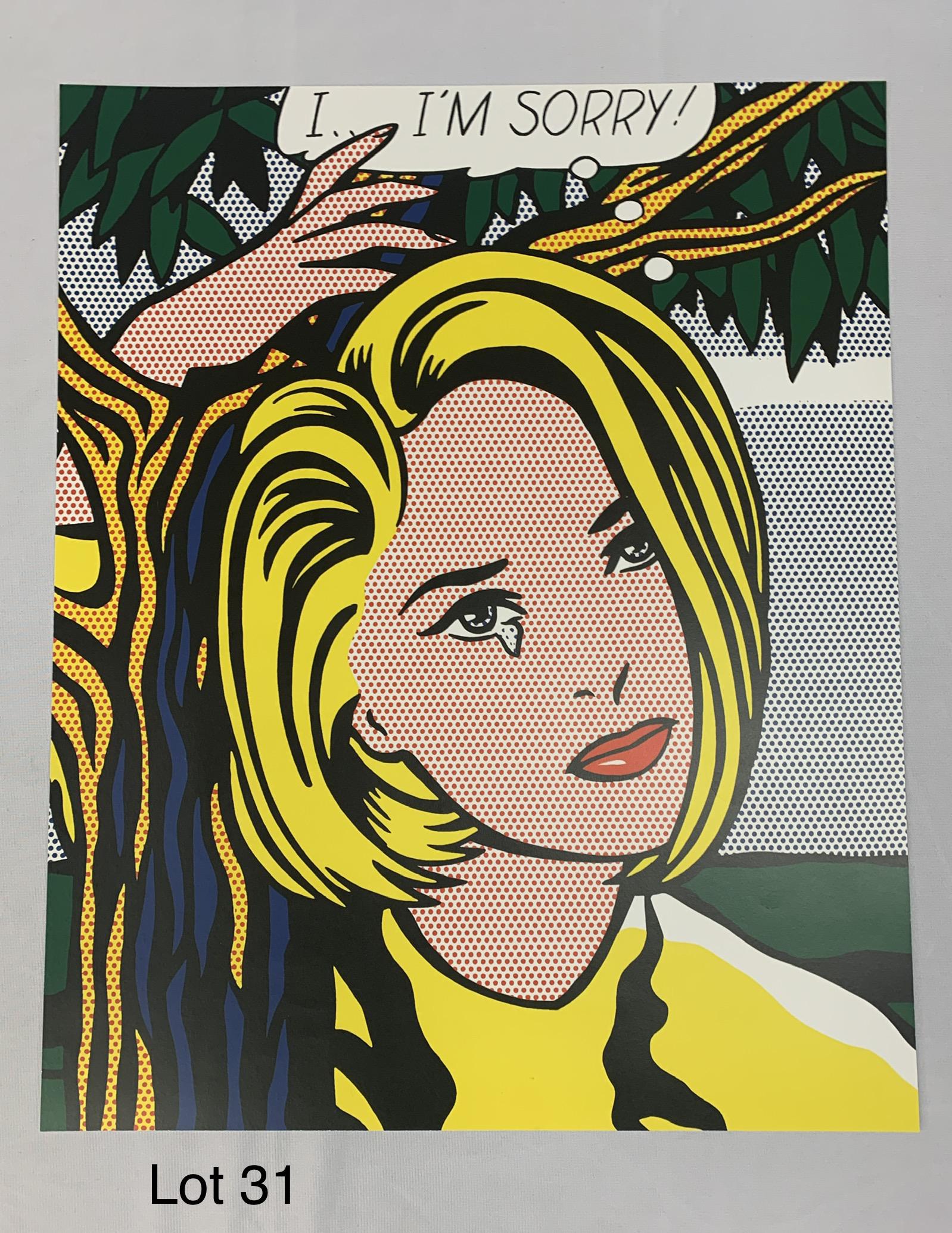 Roy Lichtenstein "I...I'm Sorry" Lithograph: A lithograph of "I...I'm Sorry" by American pop artist Roy Lichtenstein (1923-1997). Dimensions are 21"x 17".