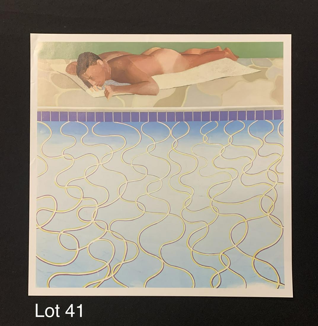 David Hockney "The Sunbather" Print in Colors: A print in colors of "The Sunbather" by English painter David Hockney (b. 1937). Dimensions are 18"x 18".