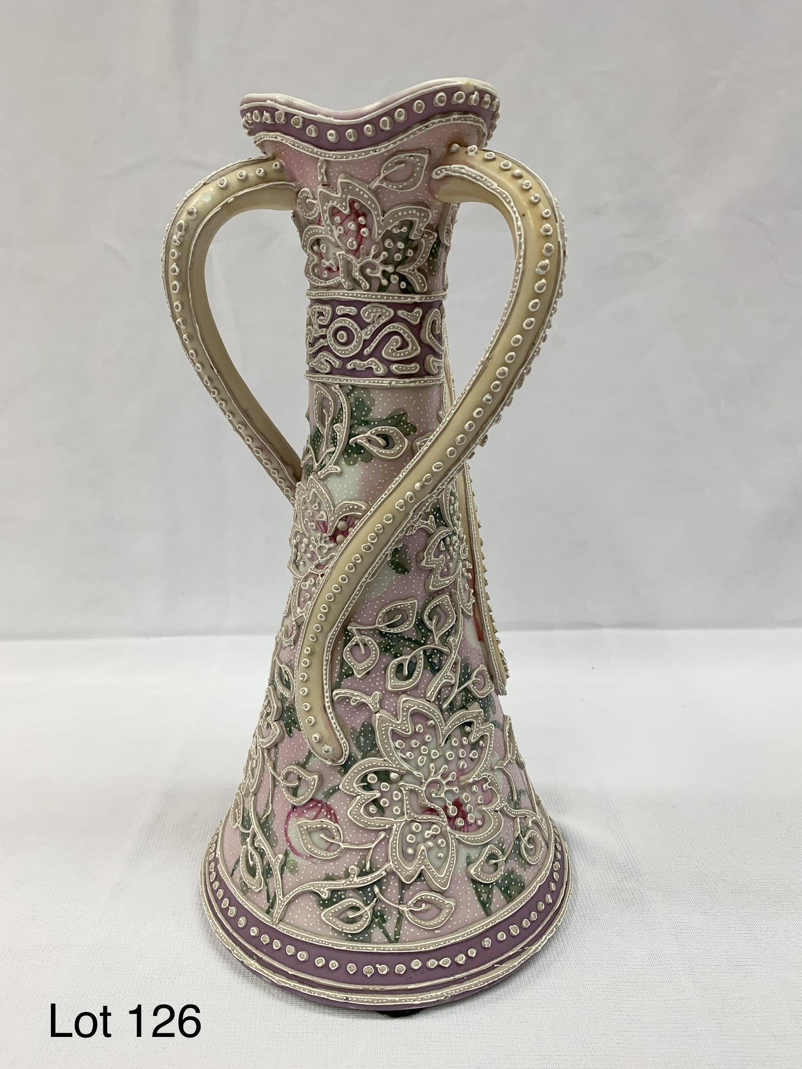 Moriage Nippon Porcelain Vase: A hand painted moriage Nippon porcelain conical vase with twisted handles. This vase is pale pink with floral and beaded decoration. 10" x 5 1/4"