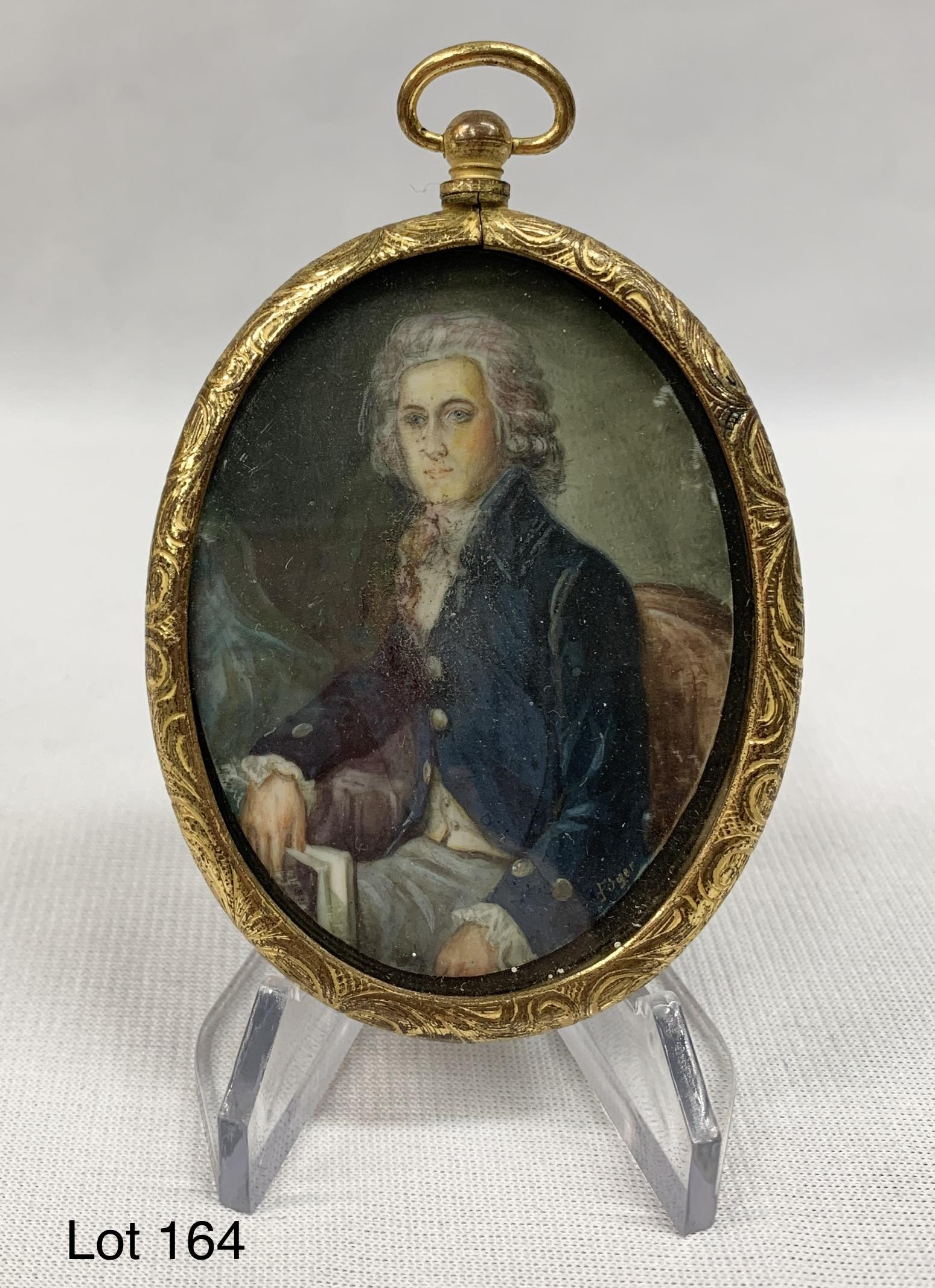 Antique Friedrich Heinrich Fuger Miniature Painting: An antique miniature portrait of a German Nobleman. Painted by Austro-German artist Friedrich Heinrich Fuger (1751-1818). Presented in a brass oval frame that measures 3"x 2 1/4". *notes- wear from ag