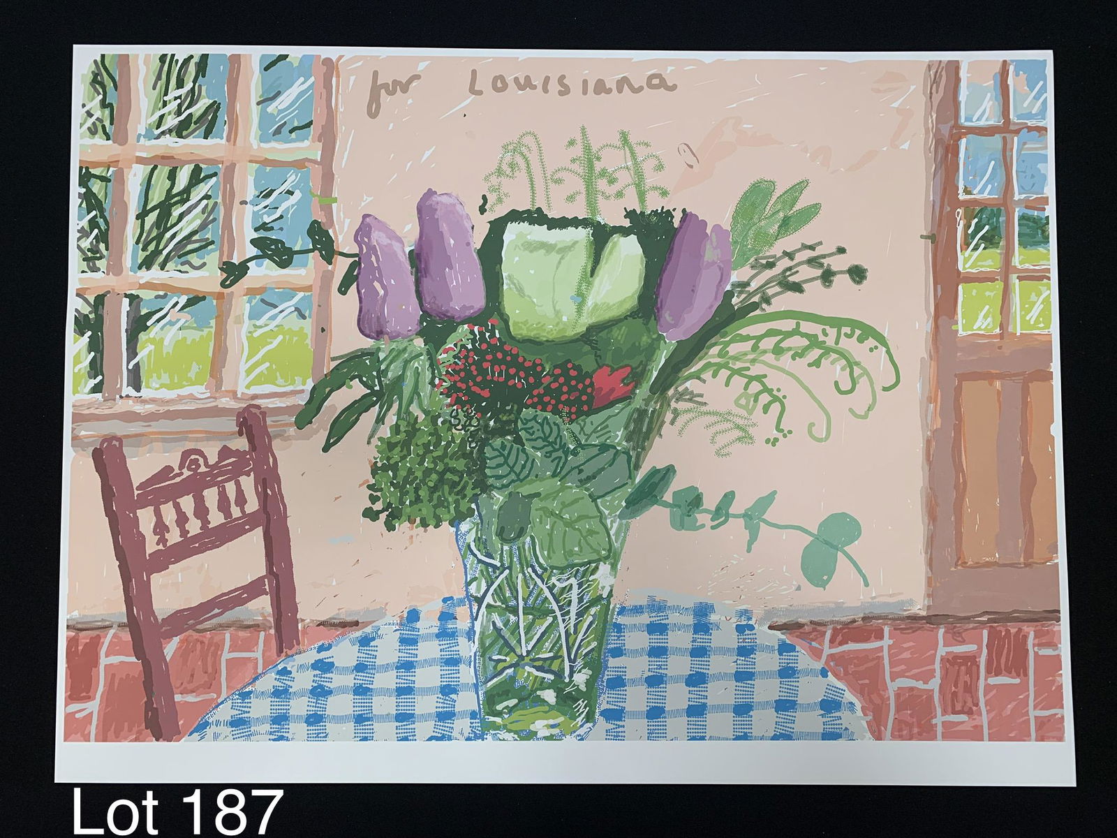David Hockney Print on Wove Paper: A print on wove paper of "For Louisiana" by English painter David Hockney (b. 1937). 28 1/4"x 20 3/4".
