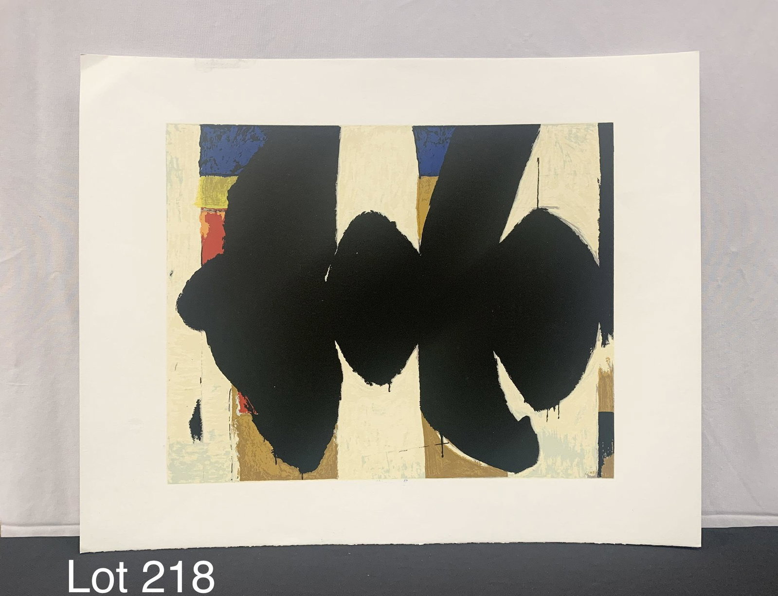 Robert Motherwell "Elegy To The Spanish Republic No.: A serigraph on wove paper of "Elegy To The Spanish Republic No. 34" by American artist, Robert Motherwell (1915-1991). Dimensions are 20"x 16". *notes- mark on upper left of white border and blue mark
