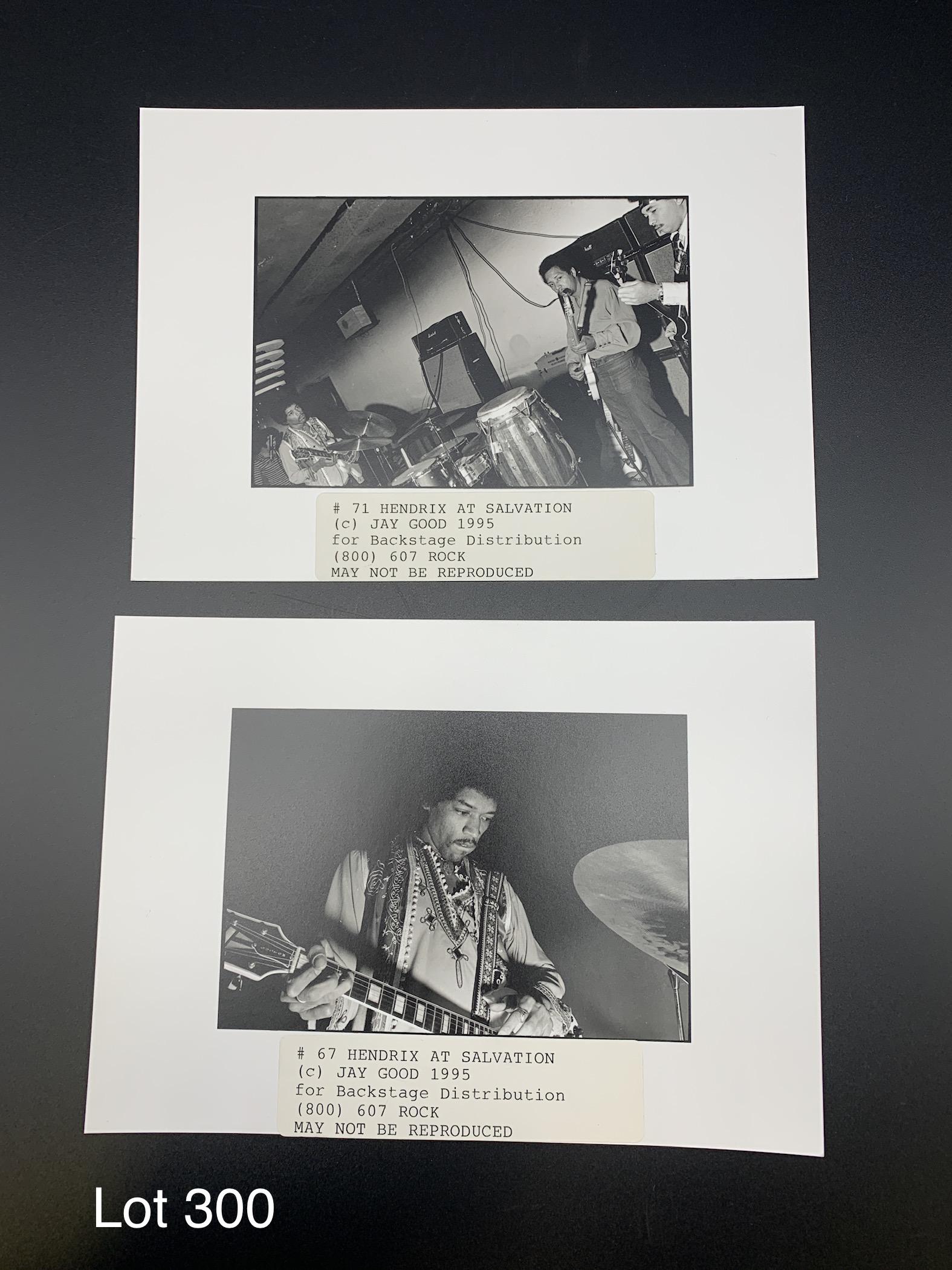 Original Unpublished Photographs Of Jimi Hendrix: A pair of black and white original unpublished photographs of legendary musician Jimi Hendrix performing at Salvation in New York. Photographed by Jay Good in September of 1969. Each photograph is 5"x